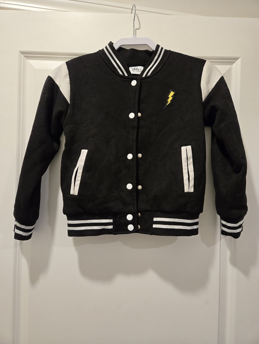 Lola + The Boys Black Varsity Bomber Jacket Teddy Bear Graphic - Size 8